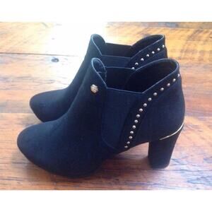 Black Leather Suede Gold Trim Studded Chunky High Heel Booties Boots 37 6.5